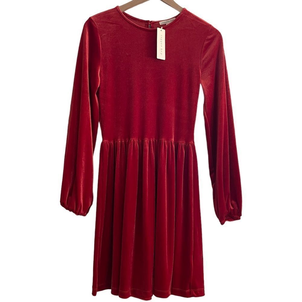 NWT Copper Key Long Balloon Sleeve Velvet Swing Dress Crimson Red